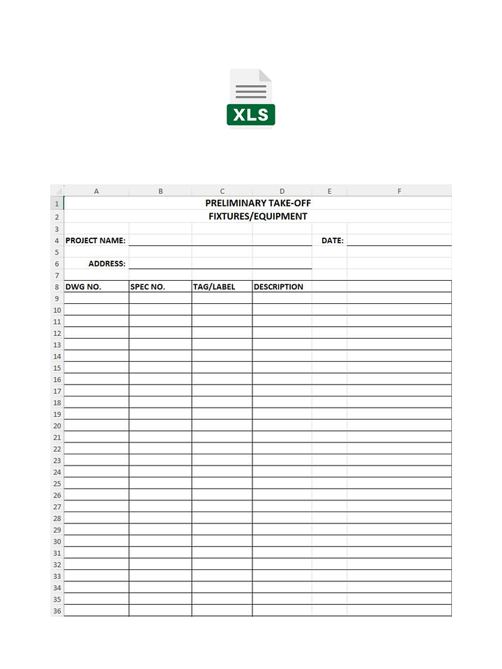Preliminary Take-Off - Fixtures & Equipment - MS Excel product image (1)