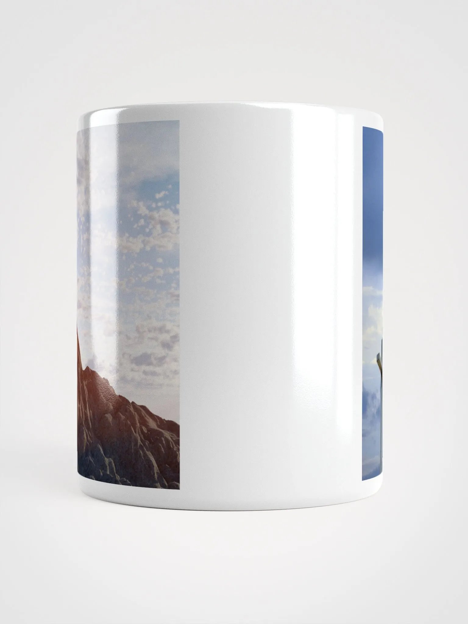 Wooden cross standing atop a rocky hill or mountain, under a sky filled with soft clouds & warm sunlight & cross standing against a dramatic sky with layers of clouds Mug product image (3)