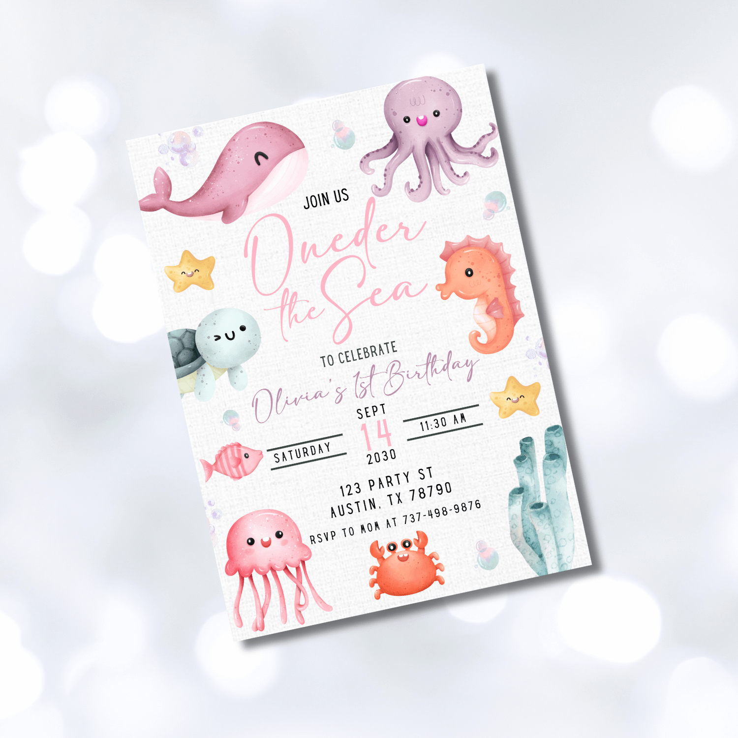 Oneder the Sea Birthday Invitation | Girl 1st Birthday Party Under the Sea | Editable Canva Template | Ocean Mermaid Sea Animals Theme product image (9)