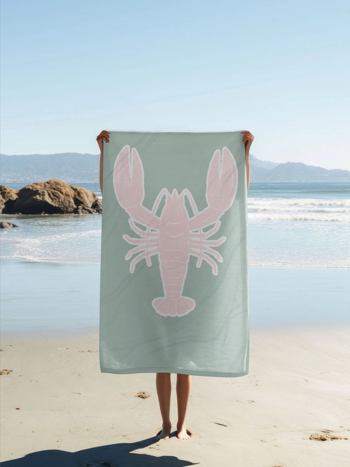 GREEN PINK LOBSTER TOWEL - Strandtuch mit Hummer Rosa Grün product image (1)