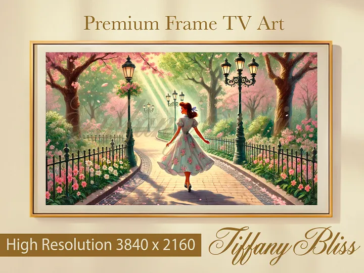 Spring Samsung Frame TV Art, Walk in the Park Painting, Cherry Blossoms, Retro, Vintage Style, Digital Download product image (1)
