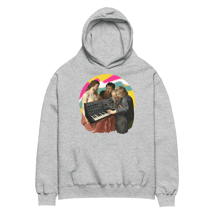 He died for our synths, by Frank Fonik (Japanese Korg MS 20), Techno EDM Unisex Premium Oversized Hoodie product image (1)