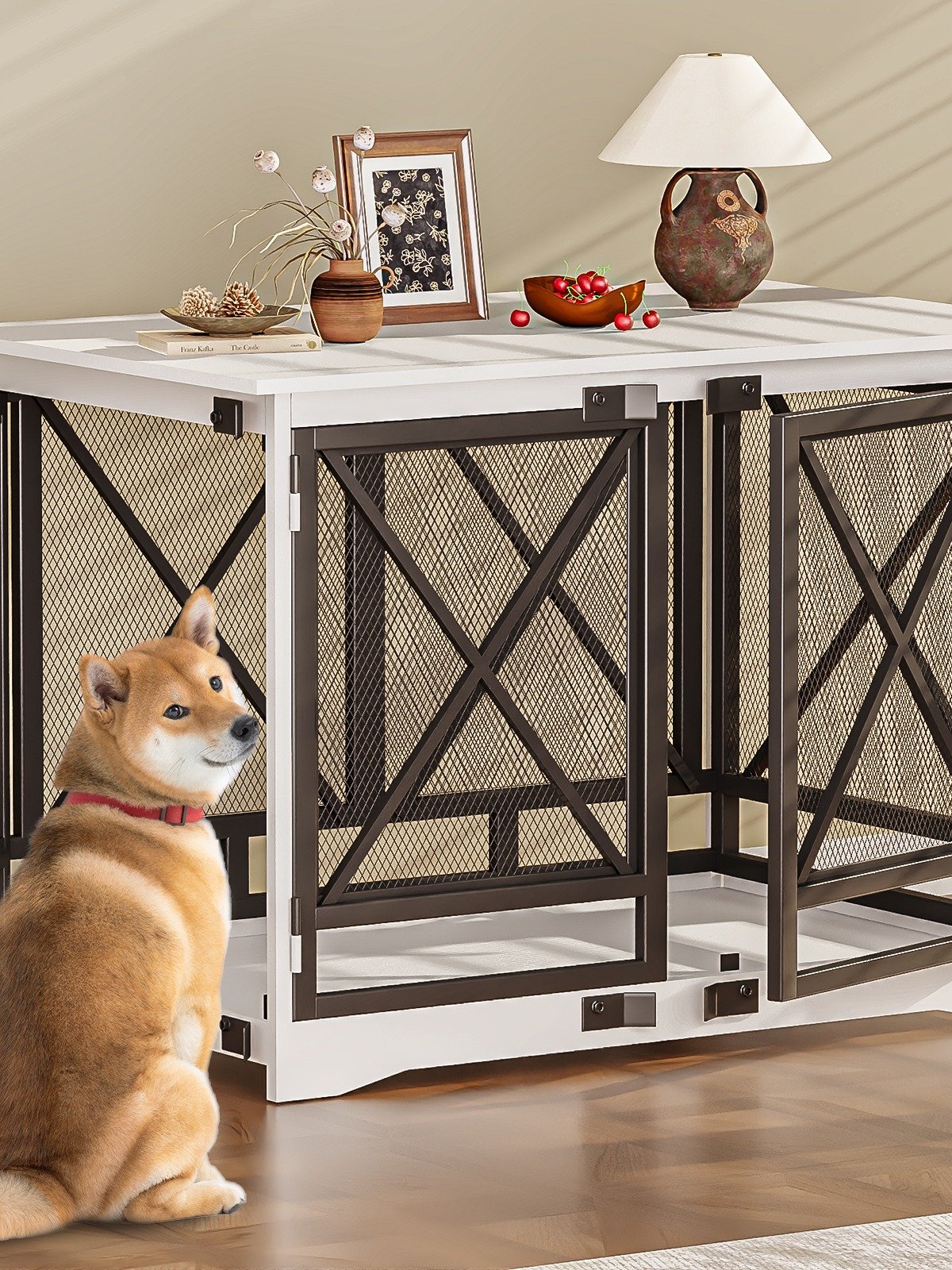 48 inch Extra Large Dog Crate Furniture,Double Door Indoor Kennel,End Side Table Wooden Dog Crates,Anti-Chew Anti-Escape, White product image (1)