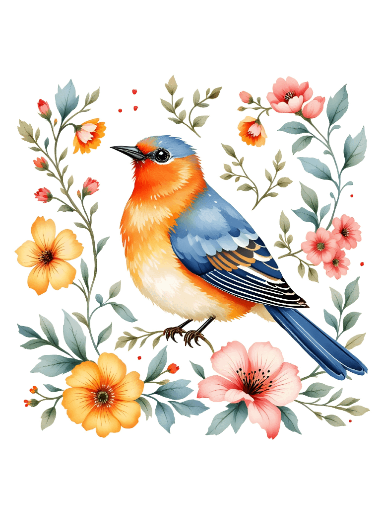 Watercolor Folk Art Bird Clipart, Floral Spring Digital Download, Whimsical Bird Illustrations, Wedding Invitations, Scrapbooking, Card Making product image (4)