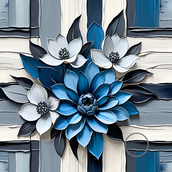 Seamless Pattern - Painted Floral Tile Pattern 4 in Shades of Blue and White product image (1)
