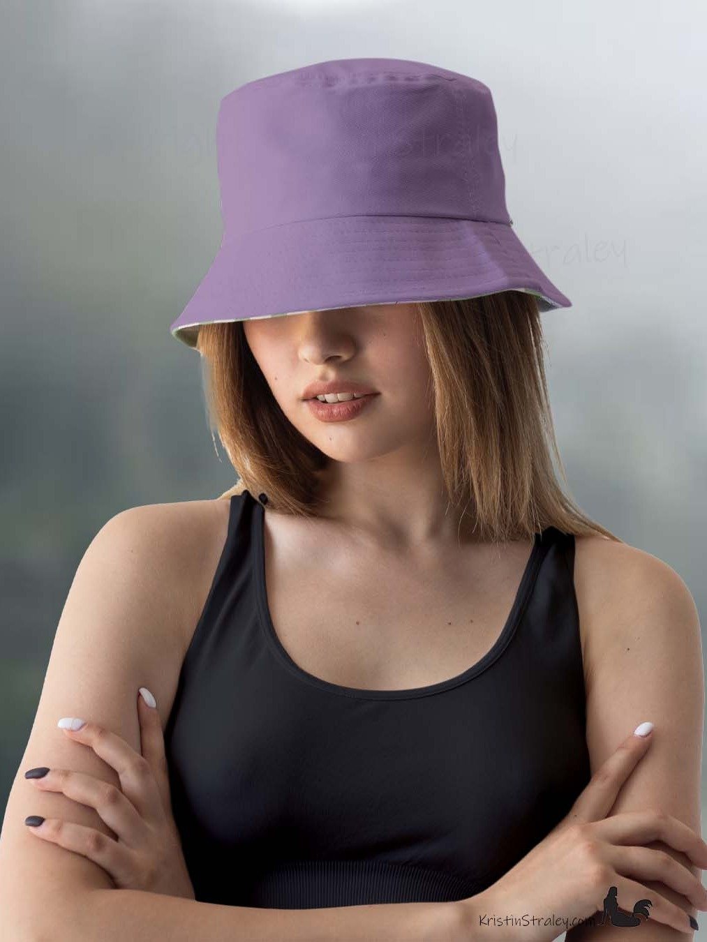Reversible Bucket Hat Lavender Flowers on Gingham and Solid Plum product image (5)