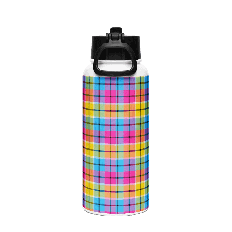Hot Pink, Turquoise, and Yellow Plaid Water Bottle product image (3)