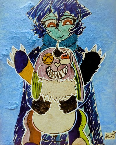 Fanart of @the.f0x 's OCs Princess Carin Abaddon and Kitty the possessed bunny blush, with the former tinted blue and the lat...