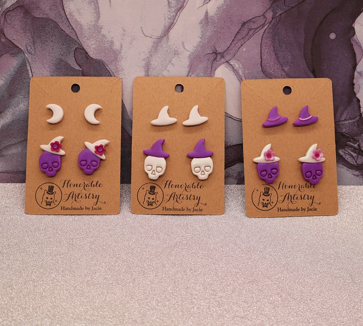 Purple and White Witchy Skull Stud Earrings - Polymer Clay product image (1)