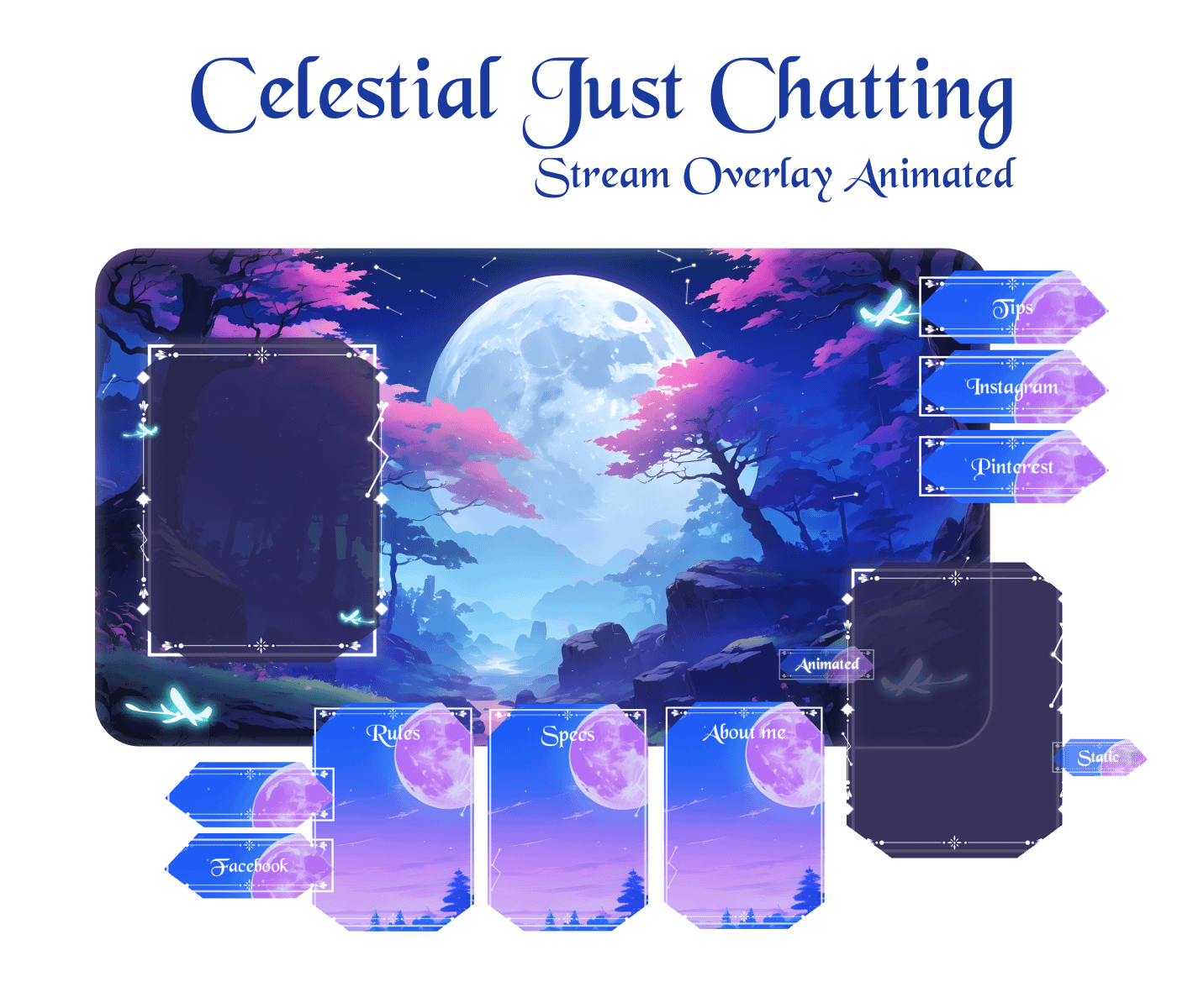Sky Night Just Chatting Pack, Light & Dark Twitch Overlay, Blue Pink Glowing Forest Aesthetic, Animated Scenes Vtuber, Just Chatting Overlay product image (1)