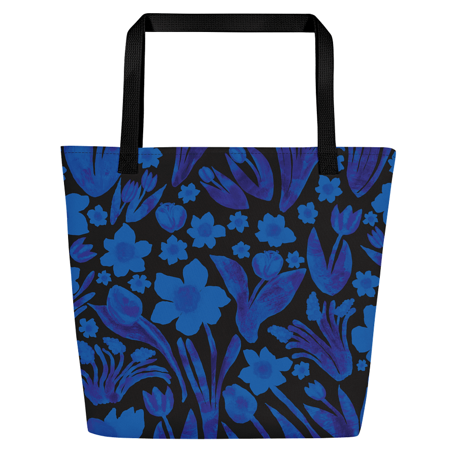 Spring Garden | Royal Blue Florals on Black | Tote Bag by Monique Faella Designs™ product image (1)