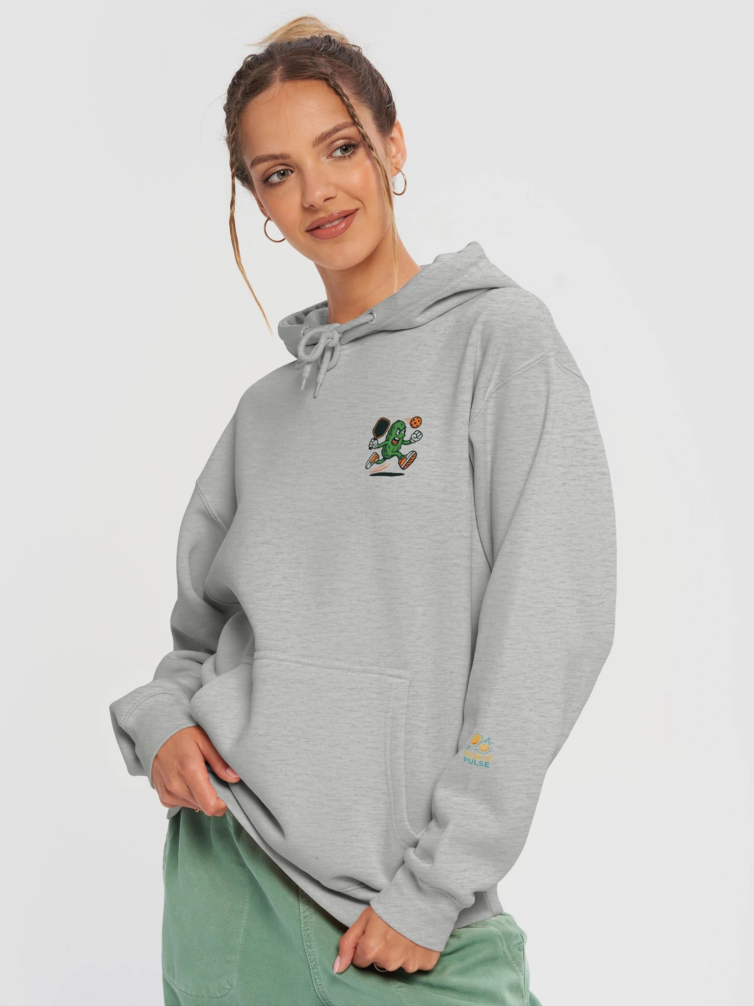 Game Face Pickleball Hoodie – Fierce Pickle Smash Design on Soft Gray Lightweight Pullover product image (4)