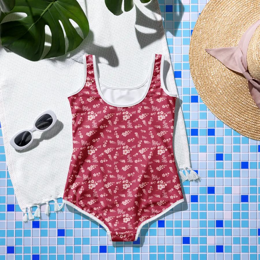 Cherry Blossoms on Magenta Youth One-Piece Swimsuit product image (6)