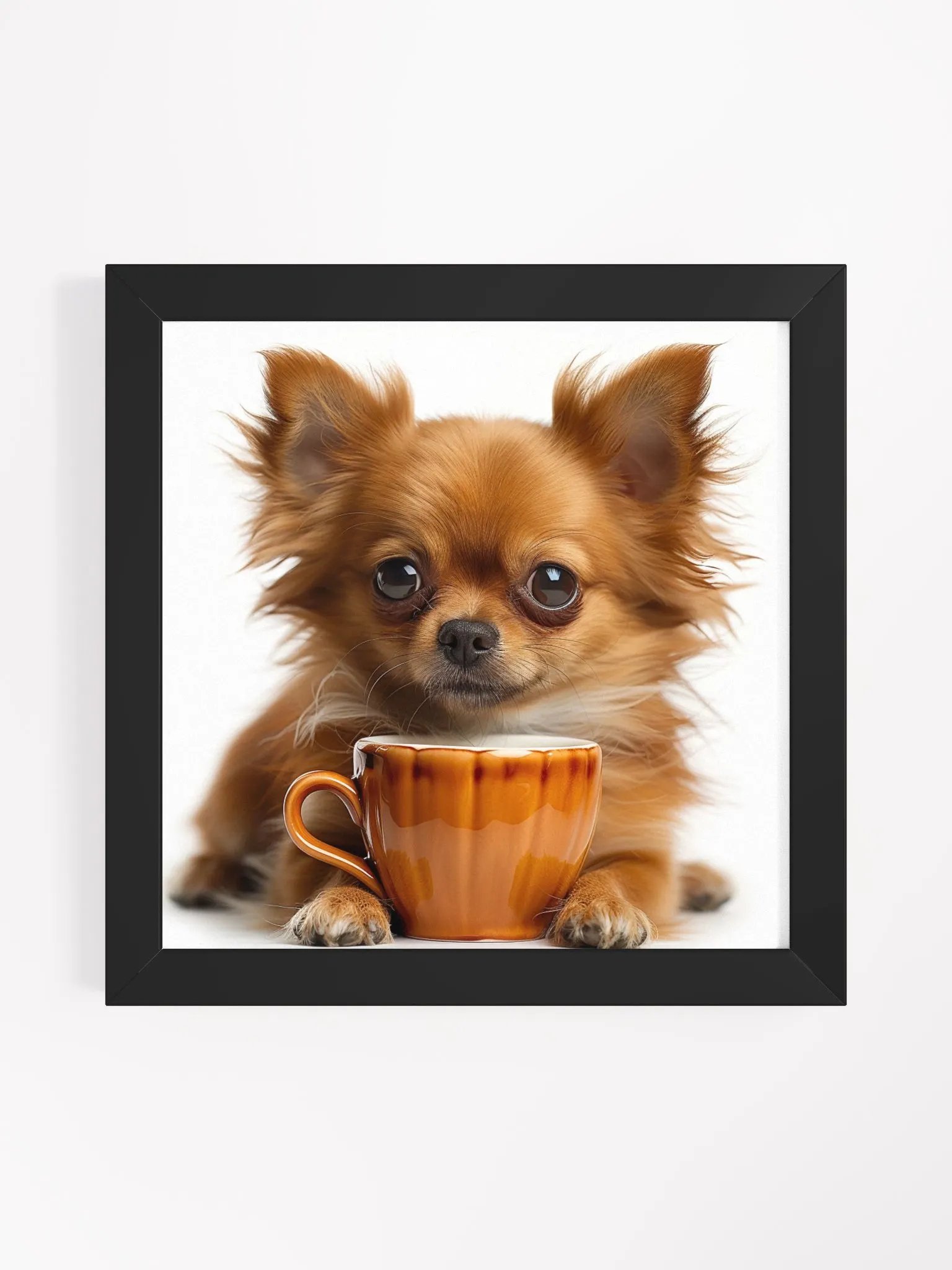 Coffee Lover Cute Tan Long Haired Chihuahua Puppy Framed Wall Art product image (1)