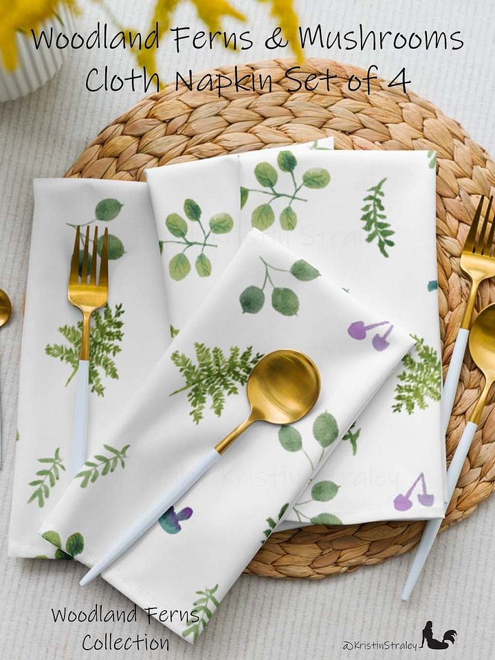 Woodland Ferns & Mushrooms on White Cloth Napkin Set of 4 product image (1)