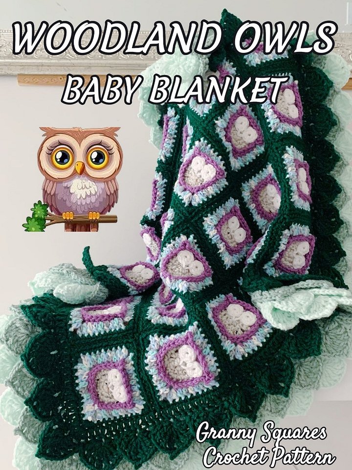 Whimsical Owls Forest Woodland Granny Square Blanket with Leaf Edging, Forest Theme Nursery Decor Crochet Pattern product image (1)