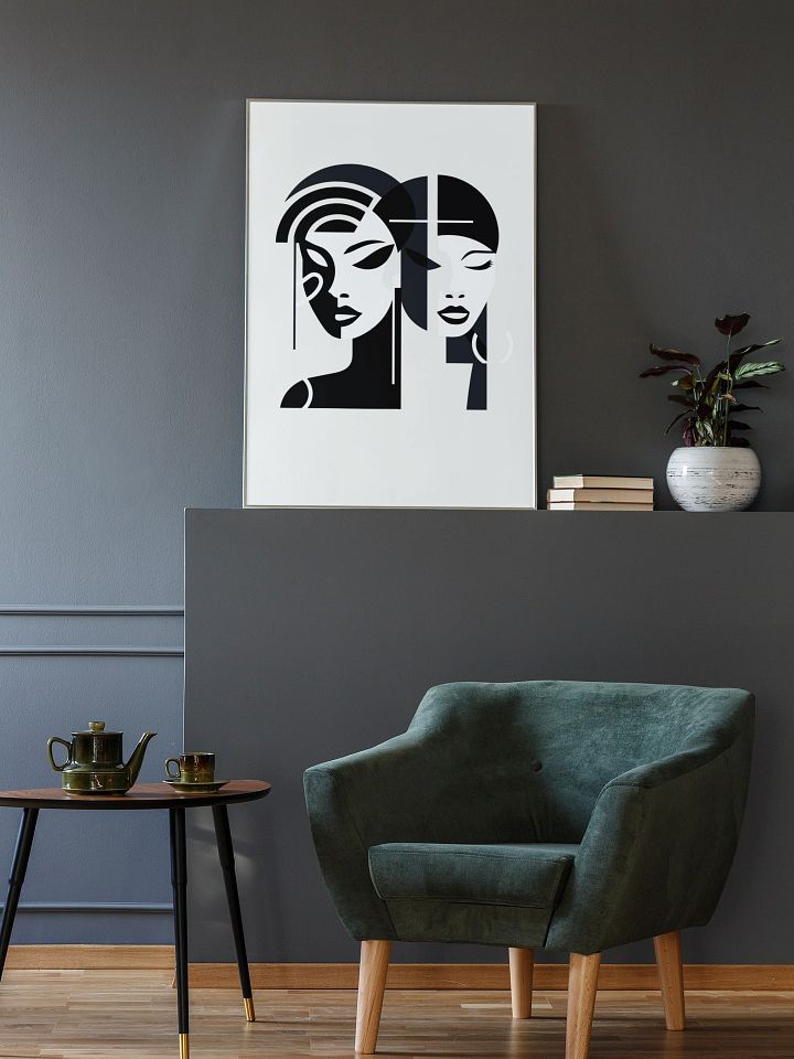 Black and White Minimalist Faces Poster, Abstract Dual Portrait Art Print, Modern Contemporary Graphic Wall Art for Stylish Decor product image (2)