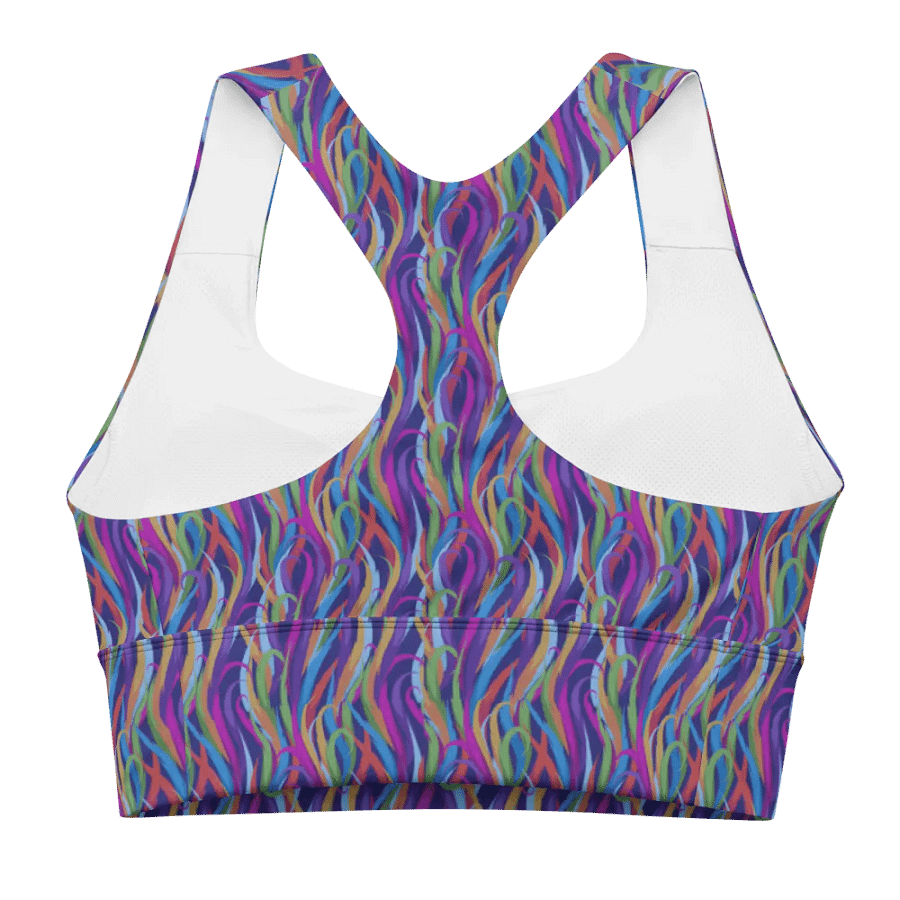 Longline sportsbra with  modern colorful design in magenta mauves on black product image (9)
