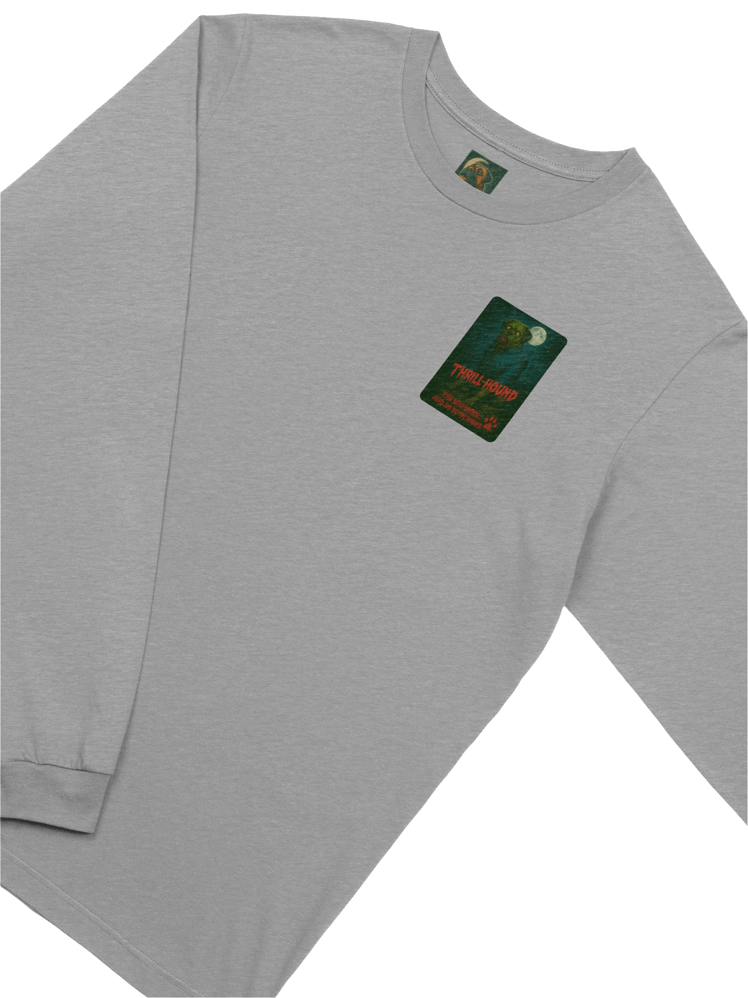 "Thrill-Hound" Long Sleeve Tee– 80's Classic Horror Mascot Parody- “When the Beat Drops… So Do the Bodies" product image (3)