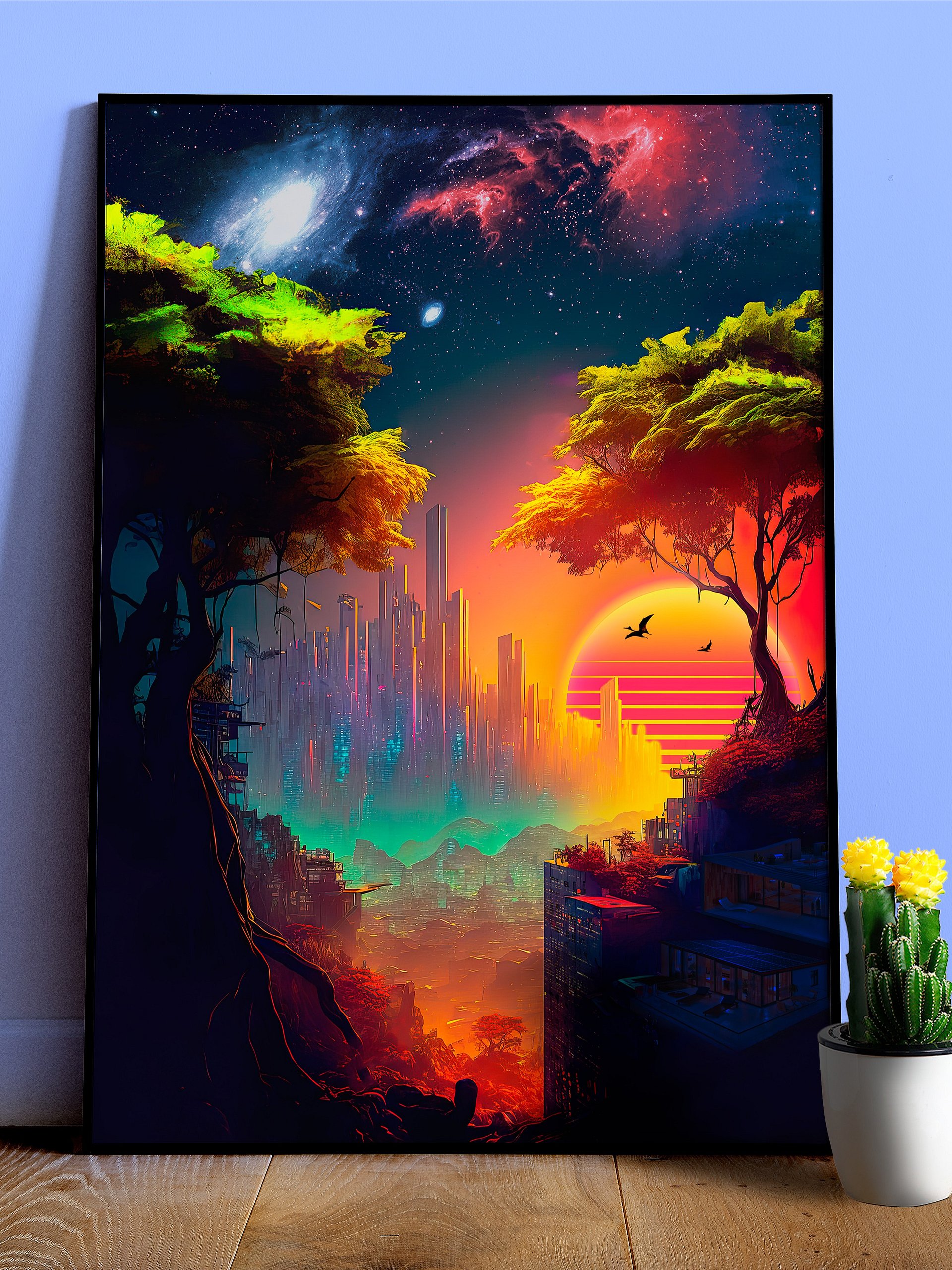 Synthwave cyberpunk city in a forest — surreal space collage art, futuristic sci-fi collage product image (1)