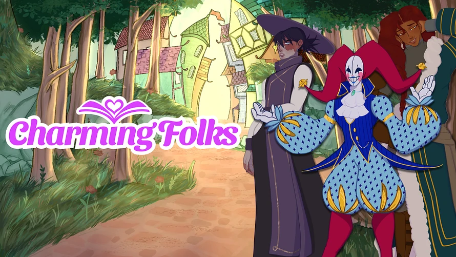 Charming Folks: A cleric, jester, and hunter standing in front of a fairytale village with a colorful illustrated style.