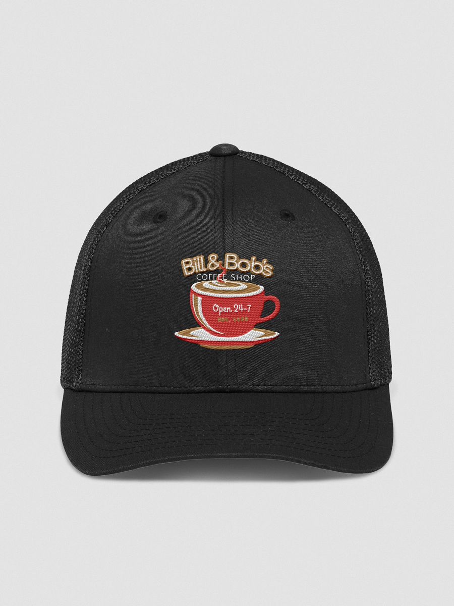 Bill & Bob's Coffee Shop Open 24/7 Trucker Hat, Red Color Accent product image (1)