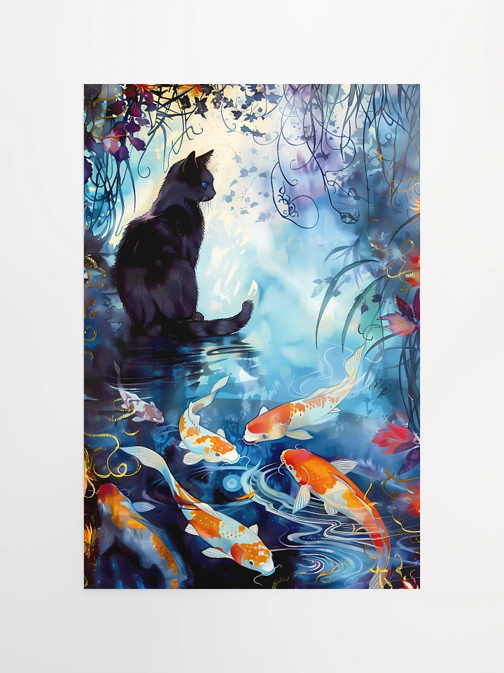 Tranquil Whiskers and Koi Dance: A Black Cat's Waterside Reverie Matte Poster product image (2)