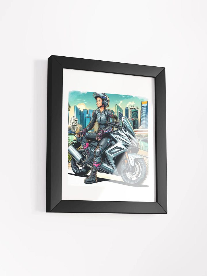 Minimalist White Framed Poster | Biker girl enjoying the atmosphere of Singapore by AI product image (30)