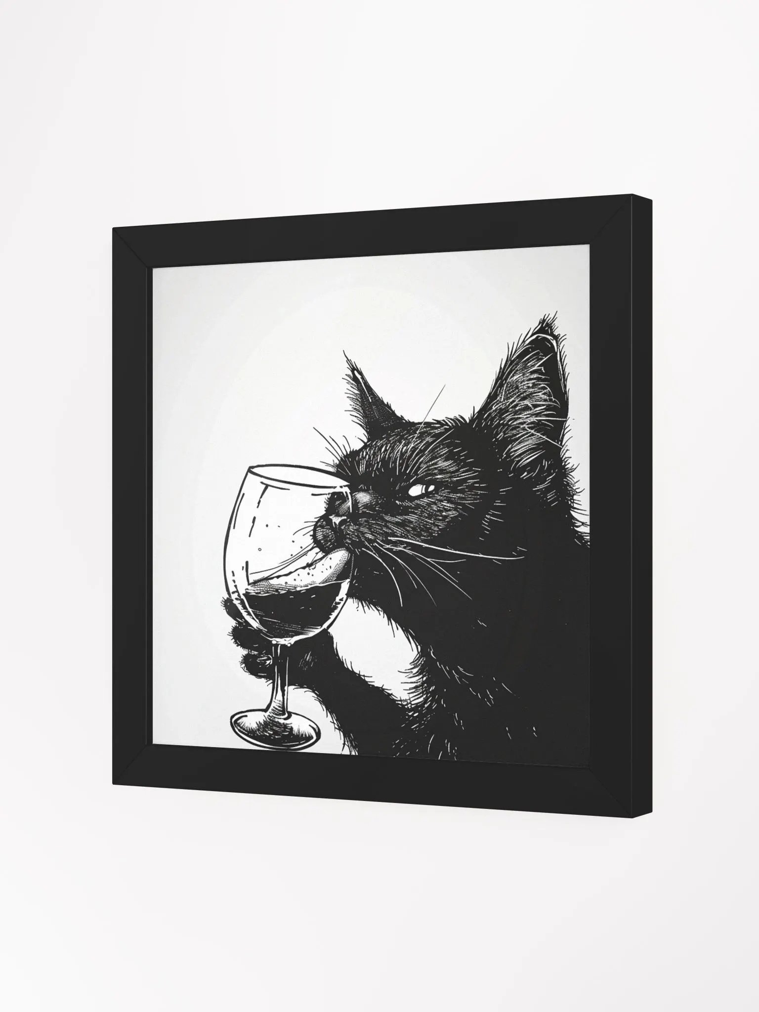 Black and White Drawing of Cat Drinking Wine Wall Art product image (11)