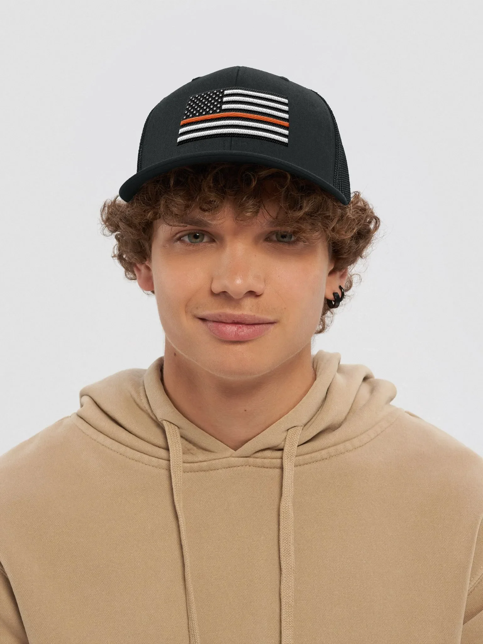Orange Stripe American Flag Trucker Hat product image (5)