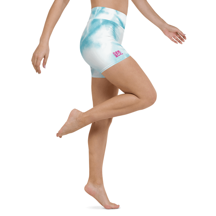 All-Over Print Yoga Shorts | with Inside Pocket | BRN.2C.C.™ | Coastal-Inspired Activewear | Vibrant Pink Logo on Blue Tie-Dye product image (6)