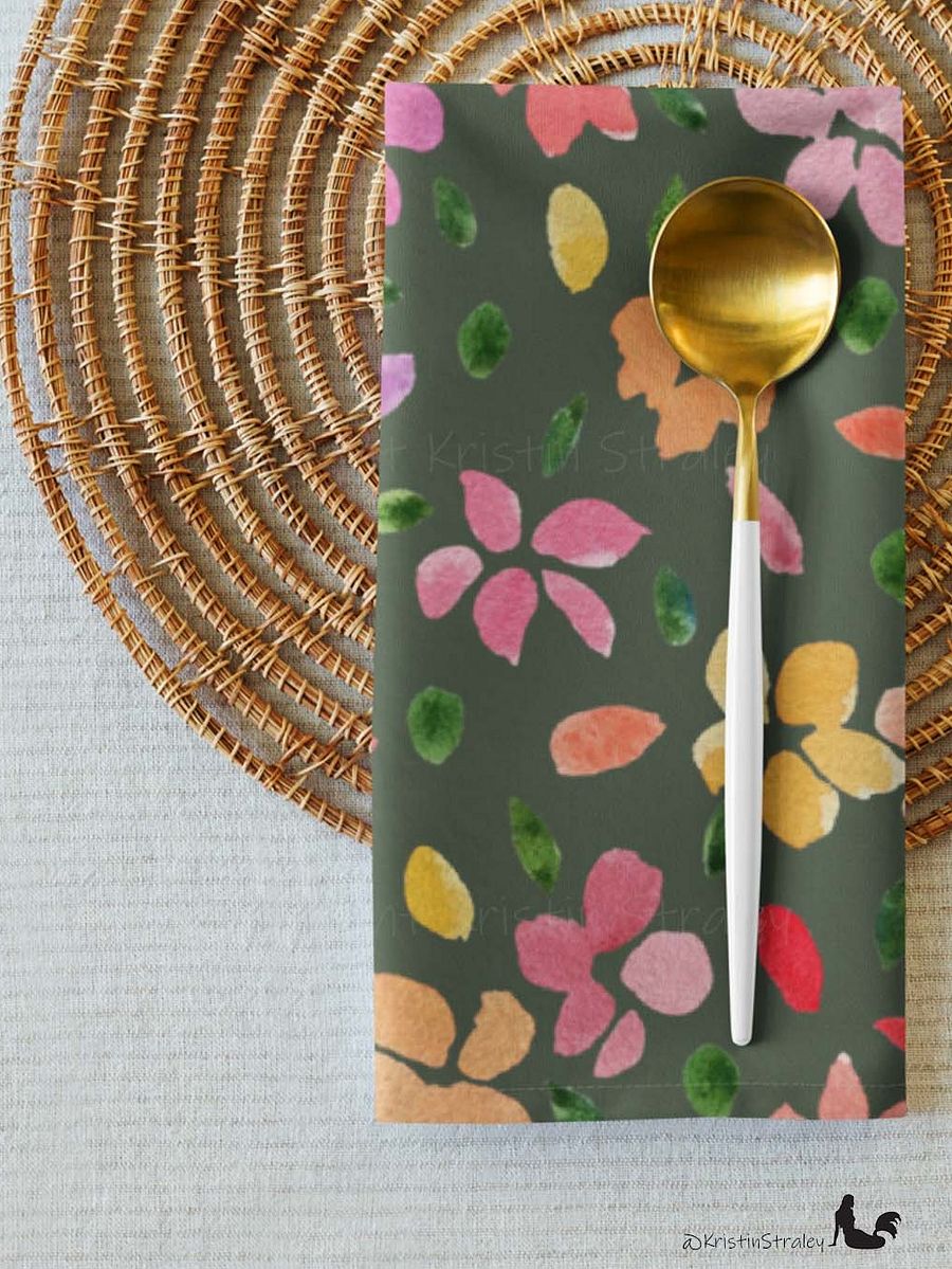 Spring Flowers on Olive Green Cloth Napkin Set of 4 product image (6)