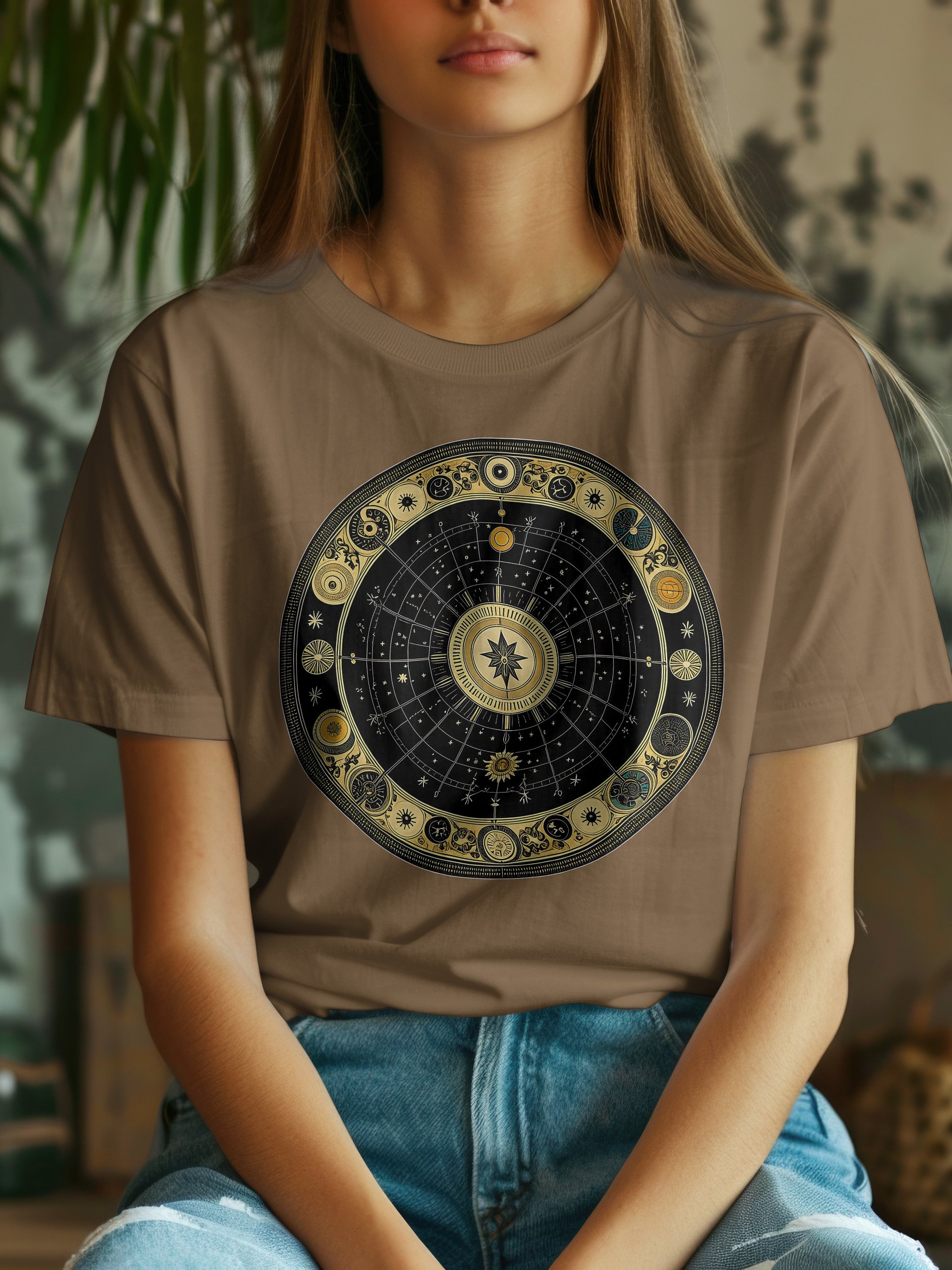 🌌 Celestial Zodiac Compass Unisex T-Shirt – Gold Cosmic Wheel Design | Mystical Astrology-Inspired Graphic Tee product image (1)