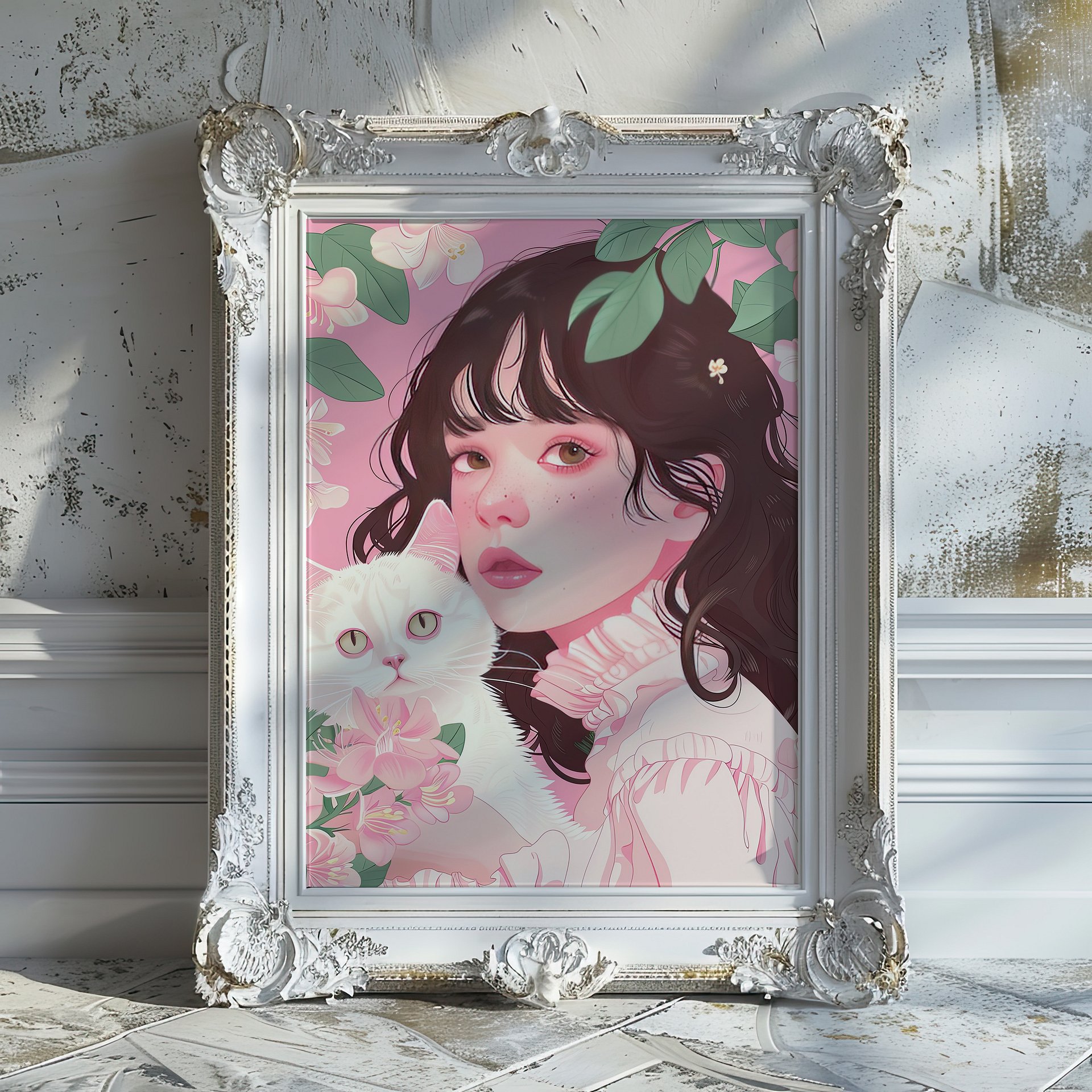 Girl with White Cat Portrait Coquette Art Print product image (18)