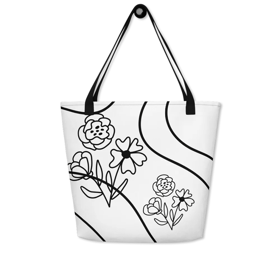 All-Over Print Large Tote Bag w/ Pocket - Flower on Black Lining product image (3)
