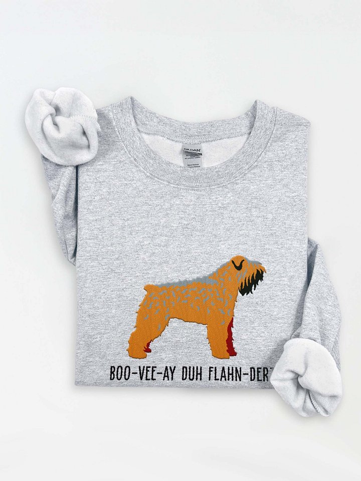 Boo-Vee-Ay Duh Flahn-Derz Sweatshirt (Embroidered) of a Bouvier Des Flandres(Tan) product image (1)