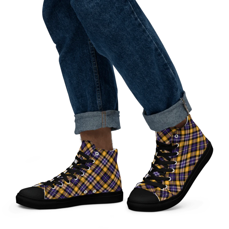 Purple and Yellow Gold Sporty Plaid Men's High Top Shoes product image (5)