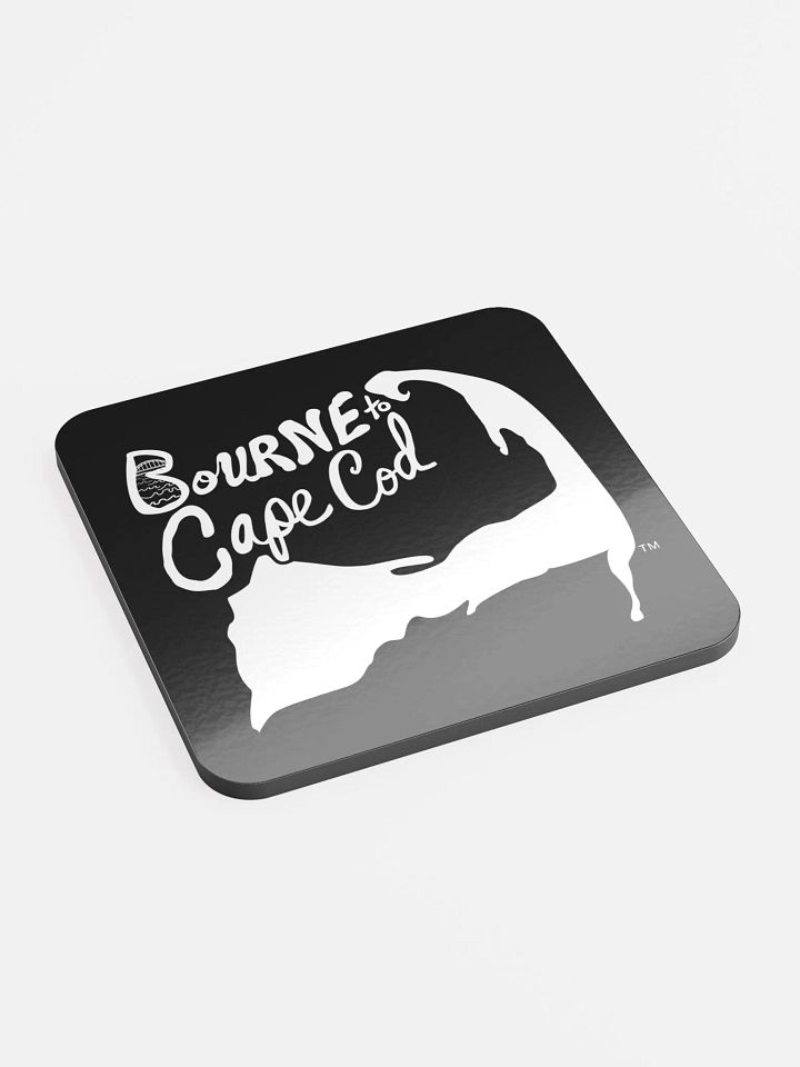 BOURNE to Cape Cod™ | Coastal Coaster | Glossed Cork | Eco-Friendly | Minimalist Coastal Decor | 3.74" Square | White Logo on Black product image (2)