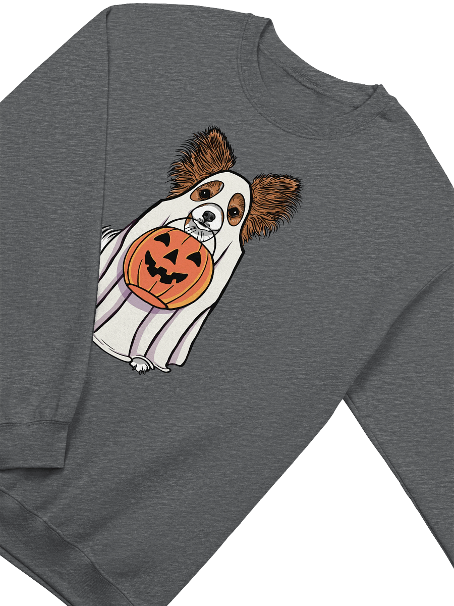 Funny Halloween Papillon Sweatshirt | Funny Papillon Wearing a Ghost Costume and Holding a Pumpkin Basket product image (8)