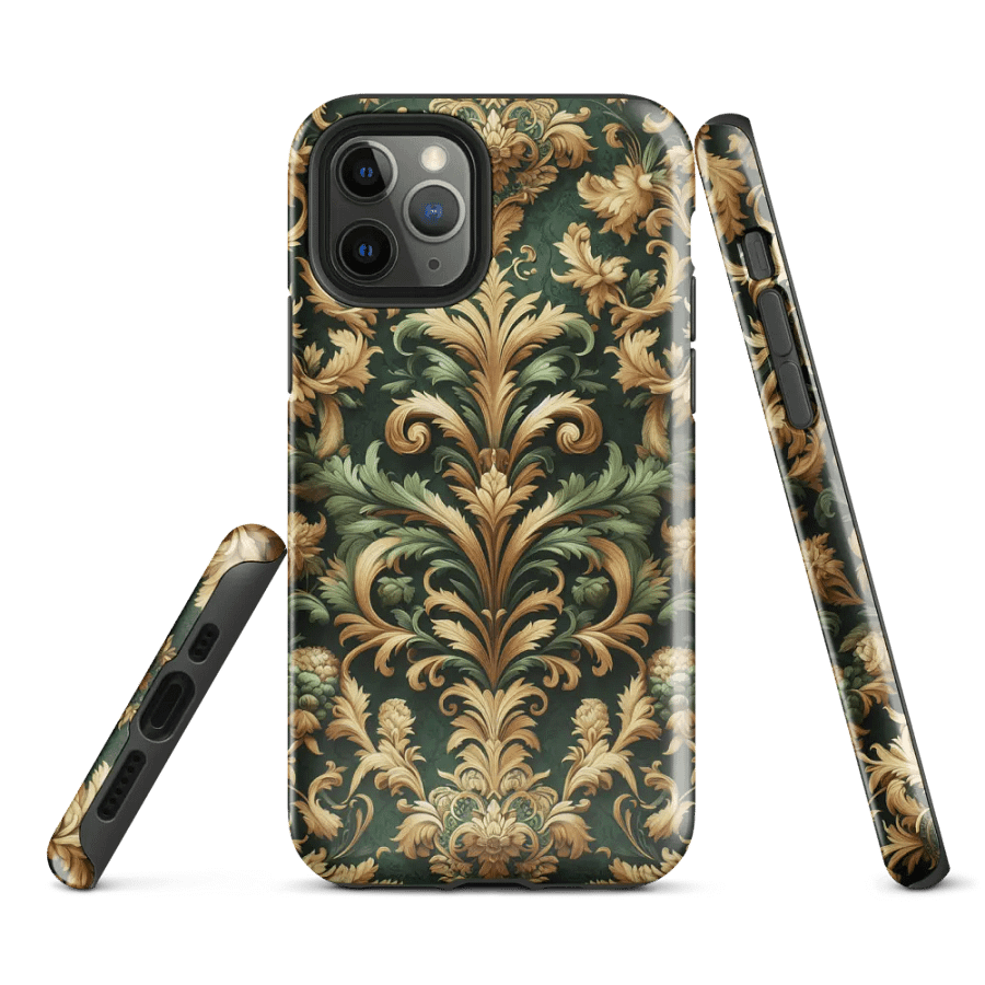 Tough Phone Case for iPhone® - Intricate Green and Gold Rococo Floral Damask Design product image (1)