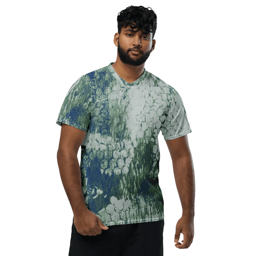 Honeycomb Grunge Unisex T-shirt in Mossy Green and Deep Blue on Bright Sand product image (6)