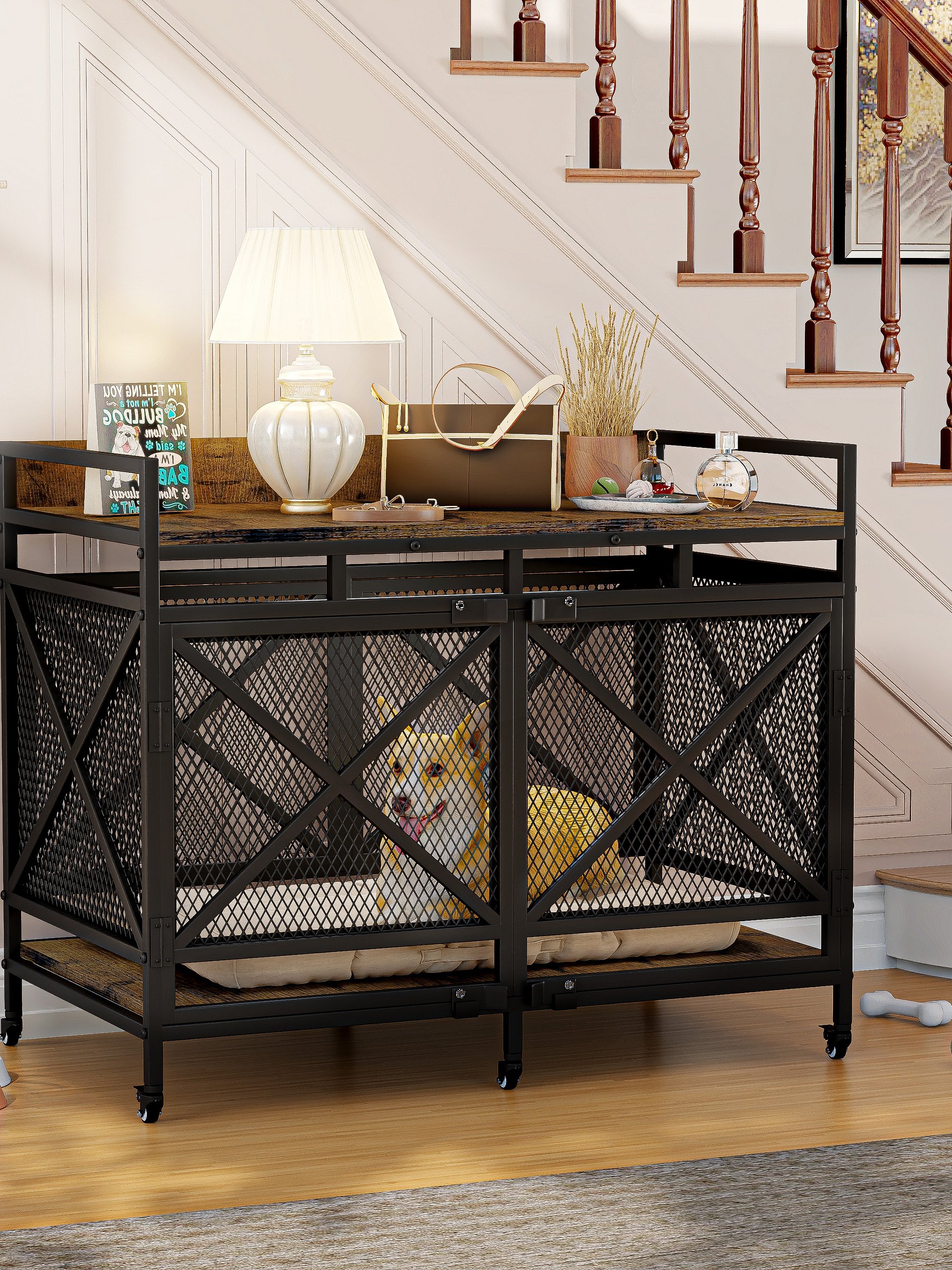 48 inch Dog Crate Furniture for Large Breeds (Up to 90 lb), Wooden & Steel, 360° Casters, Waterproof Top, Steel Lock,Vintage Brown product image (11)