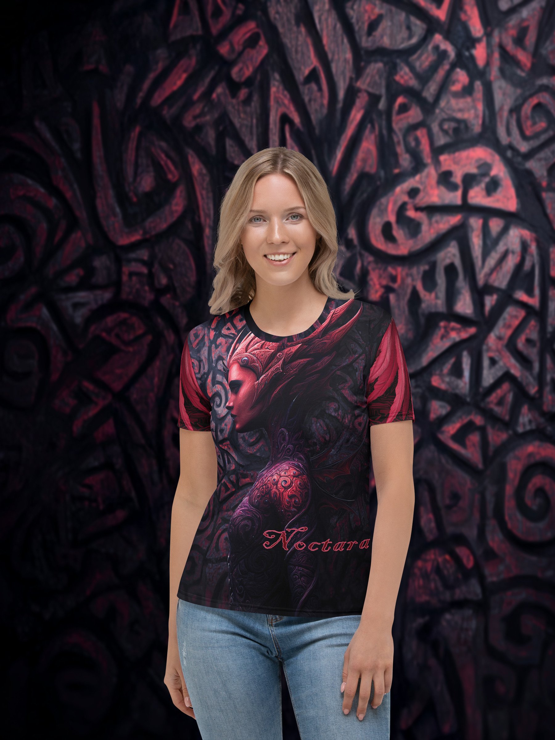 Noctara: Crimson Shade Gothic Fantasy All-Over Print T-Shirt product image (1)