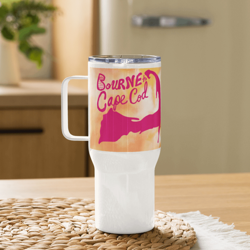 BOURNE to Cape Cod™ | Allcolor 267 | Stainless Steel Travel Mug with Handle | Insulated, Spill-Proof, Coastal Adventure Style | Pink Logo on Orange Tie-Dye product image (5)