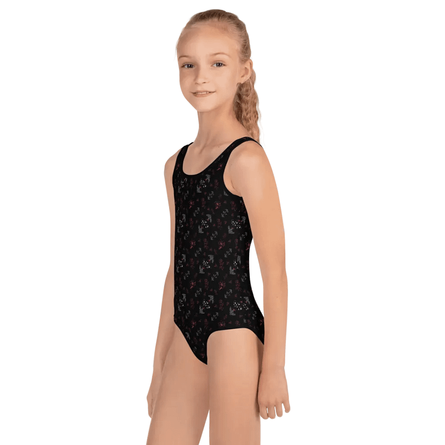 Cute Magenta and White Flowers on Black One-Piece Girls Swimsuit product image (9)