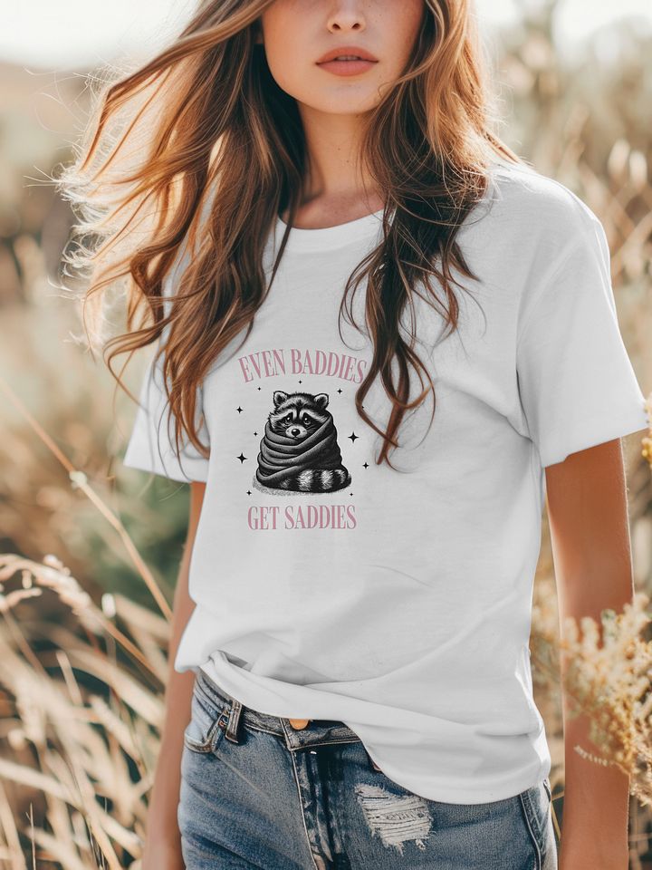Funny Raccoon Meme T-Shirt - „Even Baddies Get Saddies”, Mental Health Tee, Anxiety Shirt product image (2)