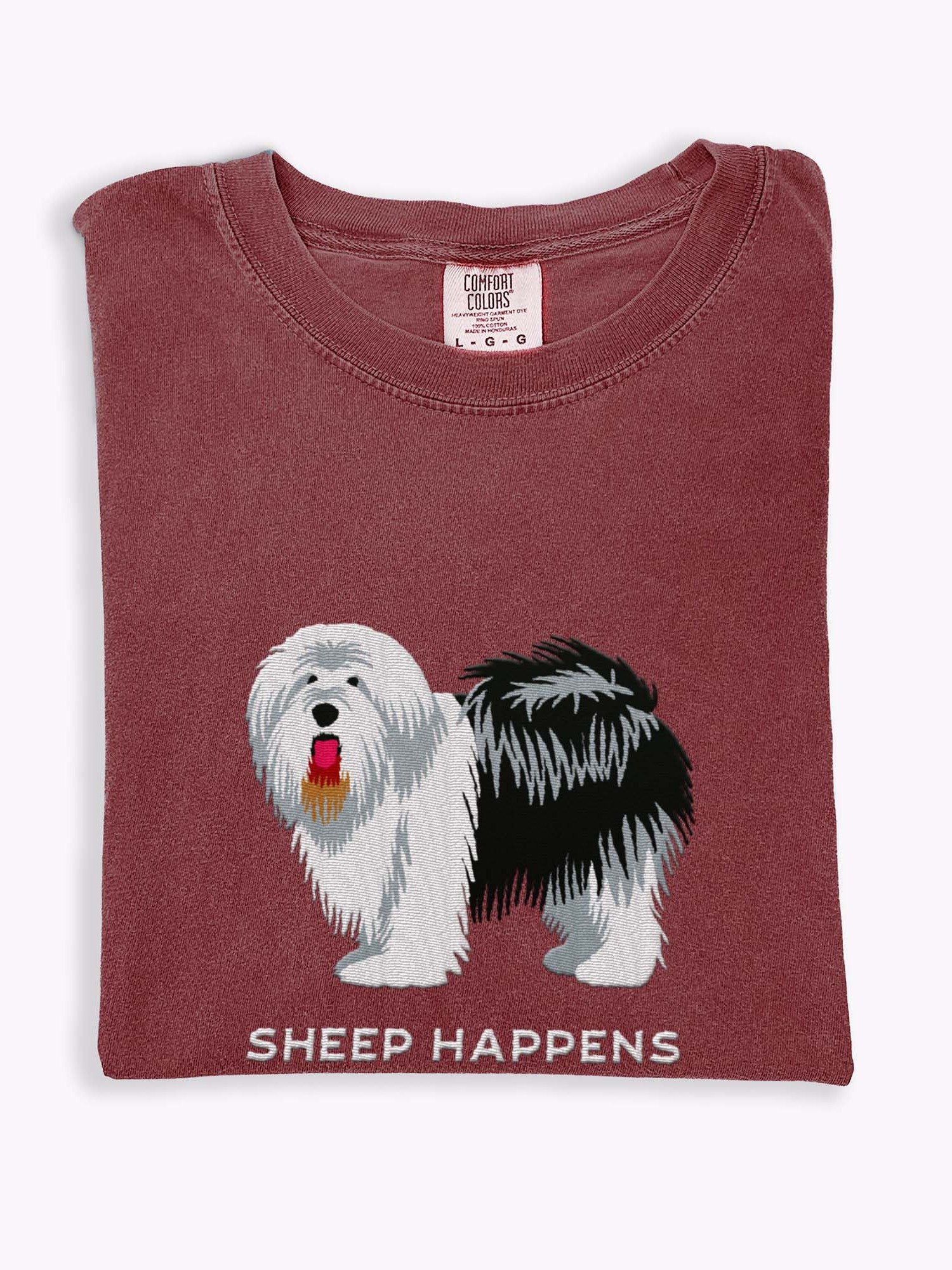 Sheep Happens T-Shirt(Embroidered) of an Old English Sheepdog(Black & White) product image (1)