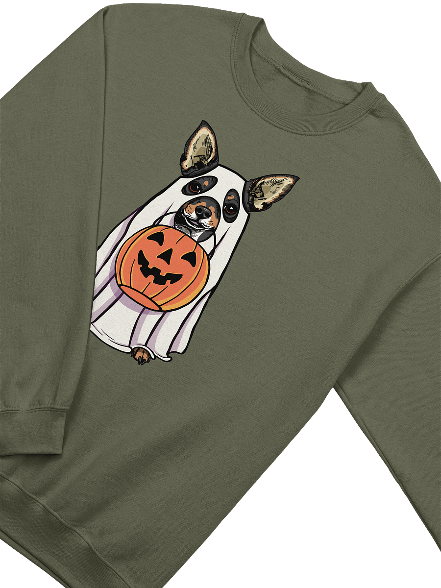 Funny Halloween Chihuahua(Tricolor) Sweatshirt | Funny Chihuahua Wearing a Ghost Costume and Holding a Pumpkin Basket product image (14)
