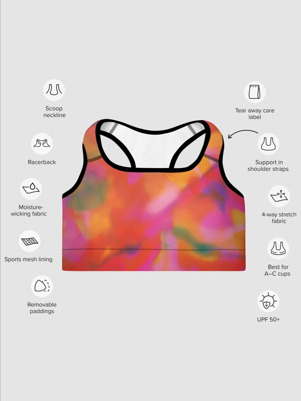 Printed Sport Bra "Trendy Vibrant Pink Orange Tie Dye" product image (4)