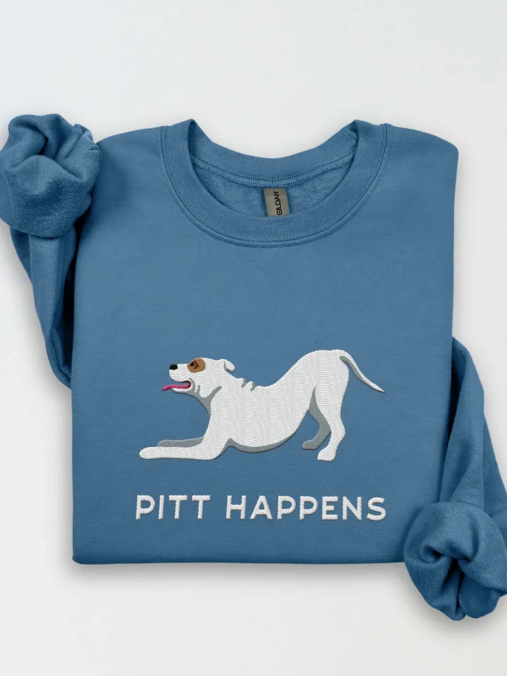 Pitt Happens Sweatshirt (Embroidered) of a Pitbull Terrier(White) product image (1)